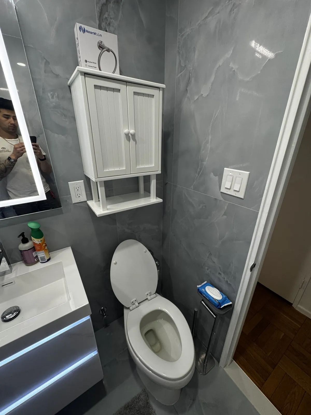 Floating LED vanity and backlit mirror