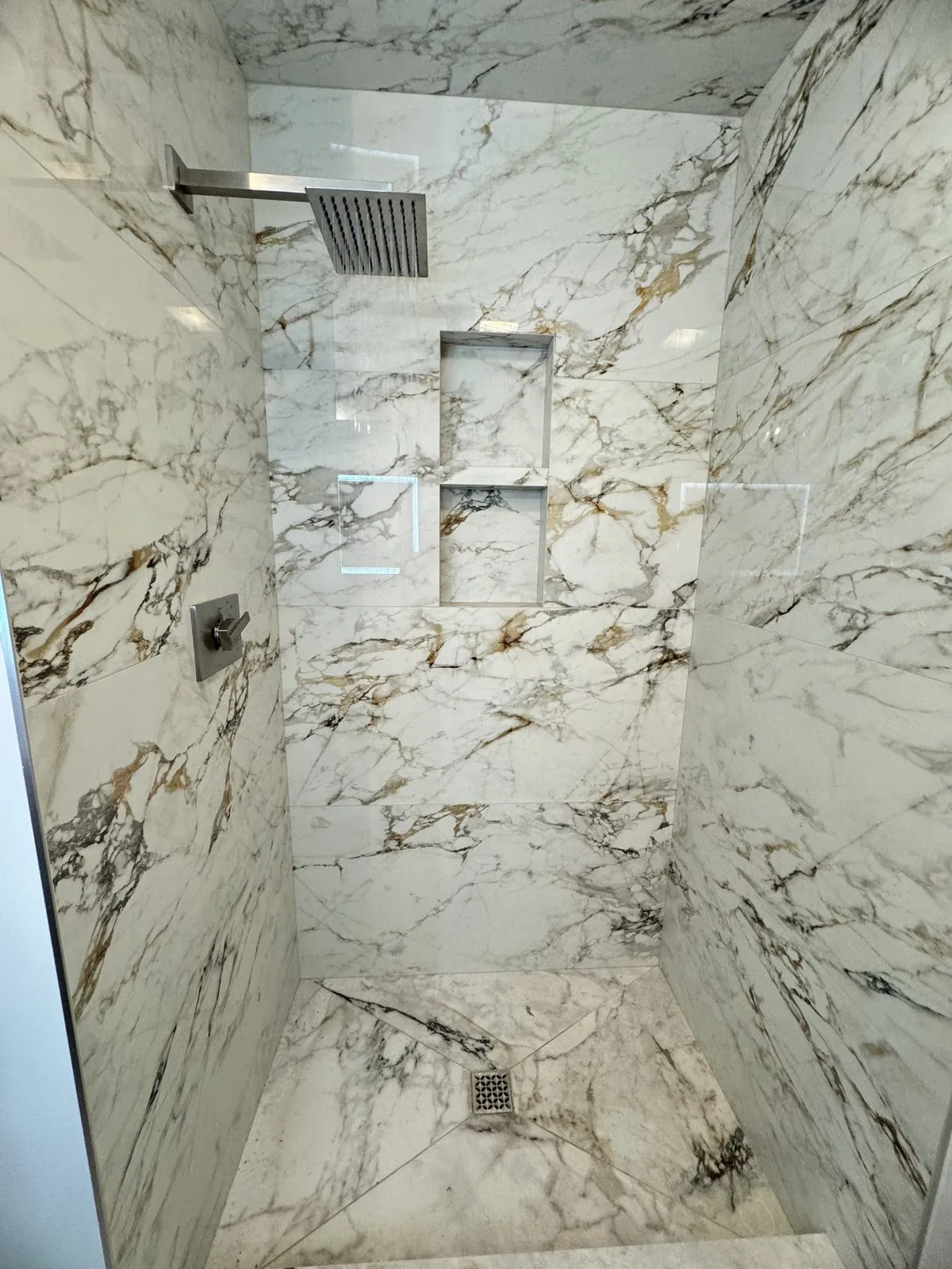 Walk-in shower interior with rain head, double niche and linear drain