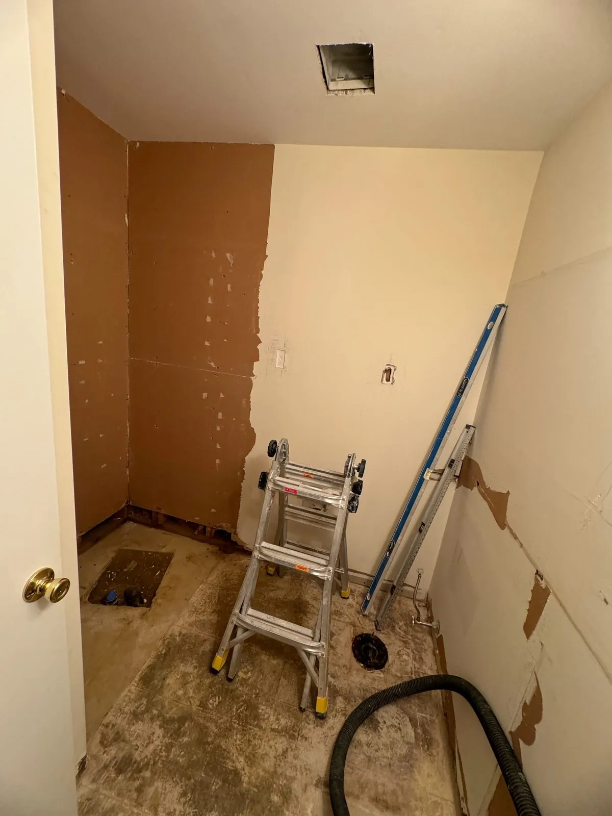 Bathroom stripped to cement board with rough plumbing, a level and ladder on site